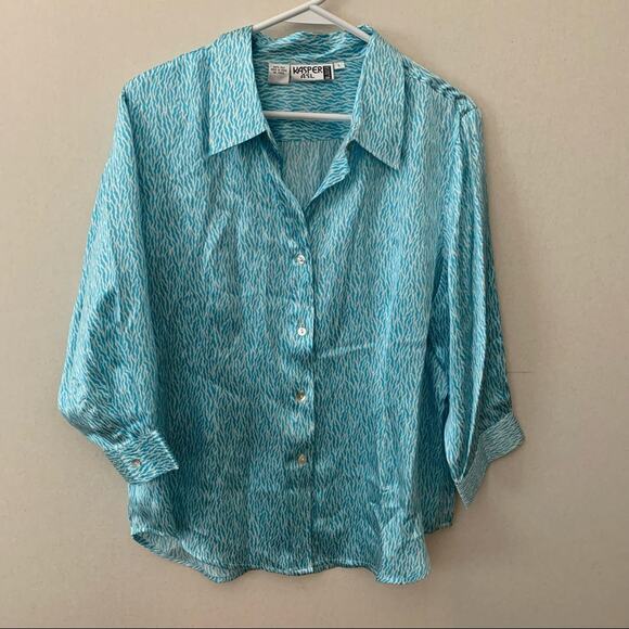 Kasper 100% Silk Blue Zebra Stripe Button Front Blouse - Picture 1 of 5